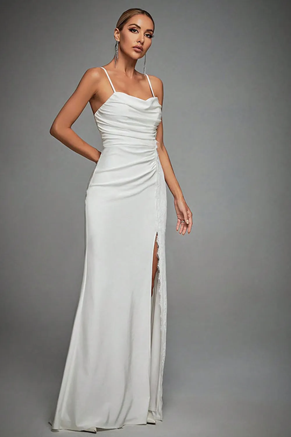 Lvory Spaghetti Straps Mermaid Ruched Long Wedding Dress with Slit sold by Zapaka product image thumbnail 4
