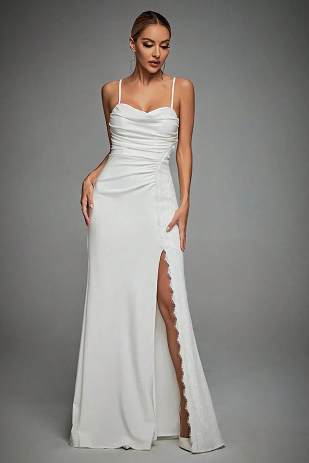Lvory Spaghetti Straps Mermaid Ruched Long Wedding Dress with Slit sold by Zapaka