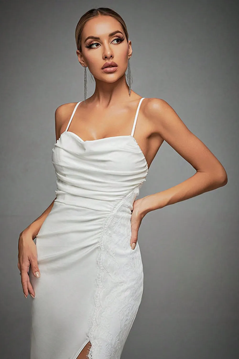 Lvory Spaghetti Straps Mermaid Ruched Long Wedding Dress with Slit sold by Zapaka product image thumbnail 5