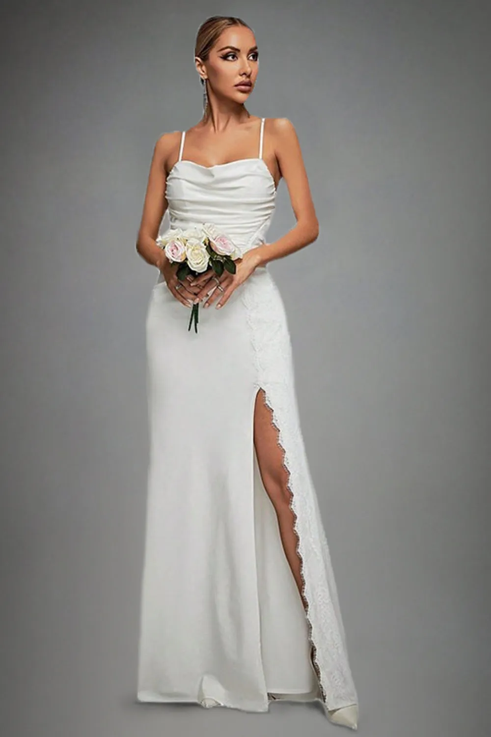 Lvory Spaghetti Straps Mermaid Ruched Long Wedding Dress with Slit sold by Zapaka product image thumbnail 2