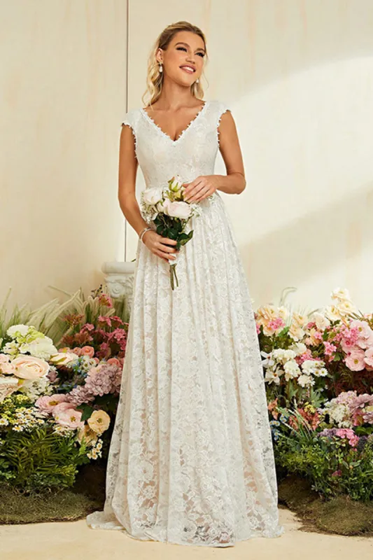 Ivory Apricot Cap Sleeves A Line Lace Long Wedding Dress sold by Zapaka