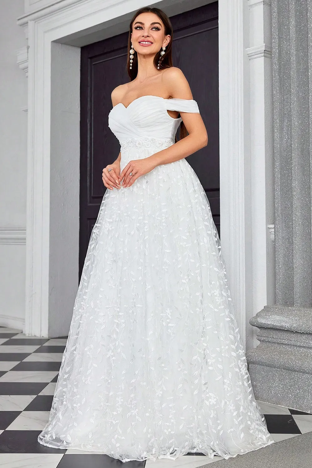 Off The Shoulder A Line Ivory Sweetheart Long Wedding Dress sold by Zapaka product image thumbnail 3