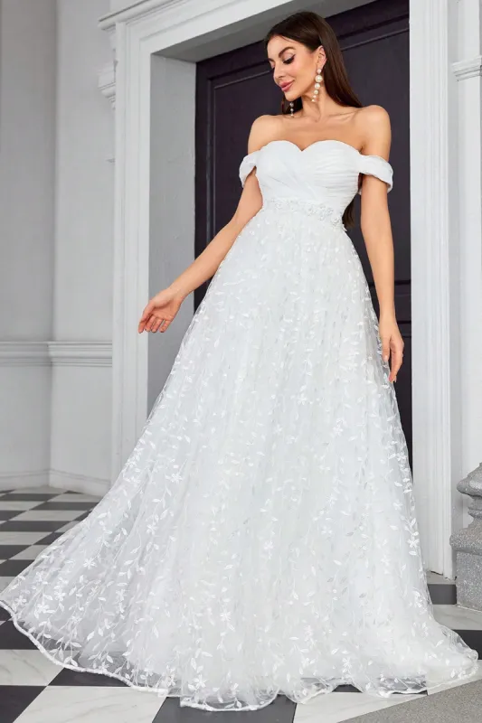 Off The Shoulder A Line Ivory Sweetheart Long Wedding Dress sold by Zapaka