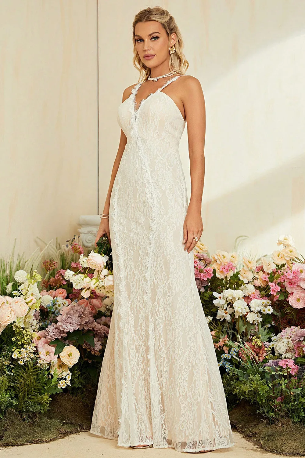Ivory Apricot Spaghetti Straps Mermaid Lace Long Wedding Dress sold by Zapaka product image thumbnail 3