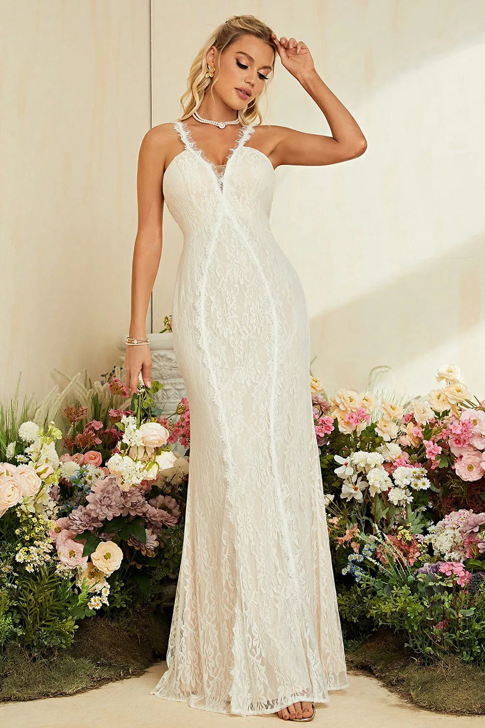 Ivory Apricot Spaghetti Straps Mermaid Lace Long Wedding Dress sold by Zapaka product image thumbnail 4