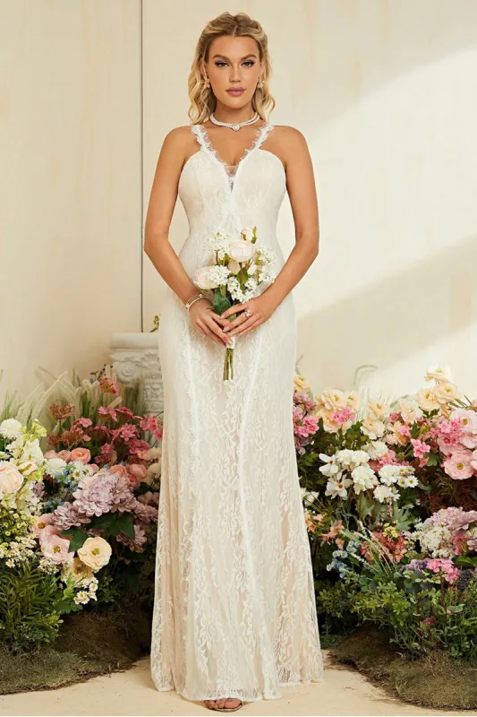 Ivory Apricot Spaghetti Straps Mermaid Lace Long Wedding Dress sold by Zapaka