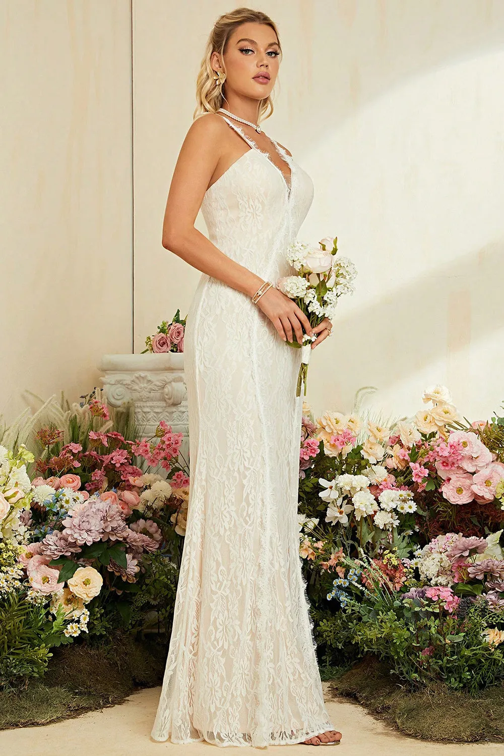 Ivory Apricot Spaghetti Straps Mermaid Lace Long Wedding Dress sold by Zapaka product image thumbnail 5