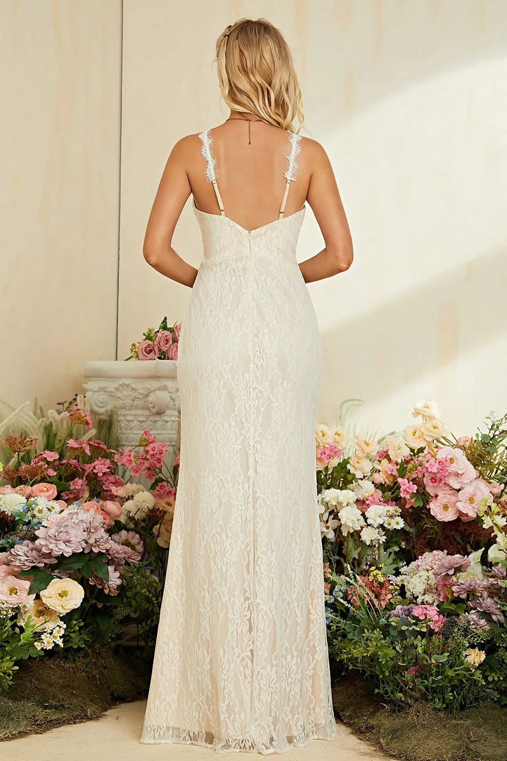 Ivory Apricot Spaghetti Straps Mermaid Lace Long Wedding Dress sold by Zapaka product image thumbnail 2