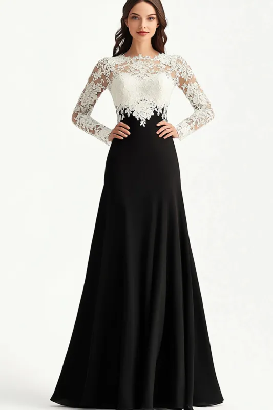 Elegant Black White A Line Lace Long Mother Of Bride Dress With Appliques sold by Zapaka