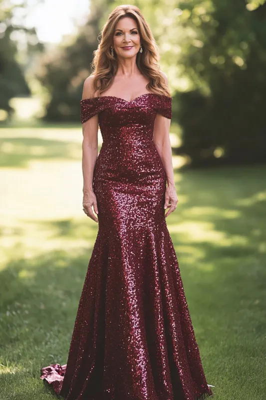 Sparkly Burgundy Off The Shoulder Long Prom Dress With Sequins sold by Zapaka