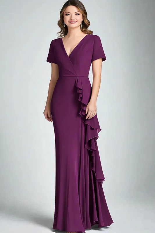 Dark Purple Mermaid V Neck Short Sleeves Ruffles Chiffon Long Mother of the Bride Dress sold by Zapaka