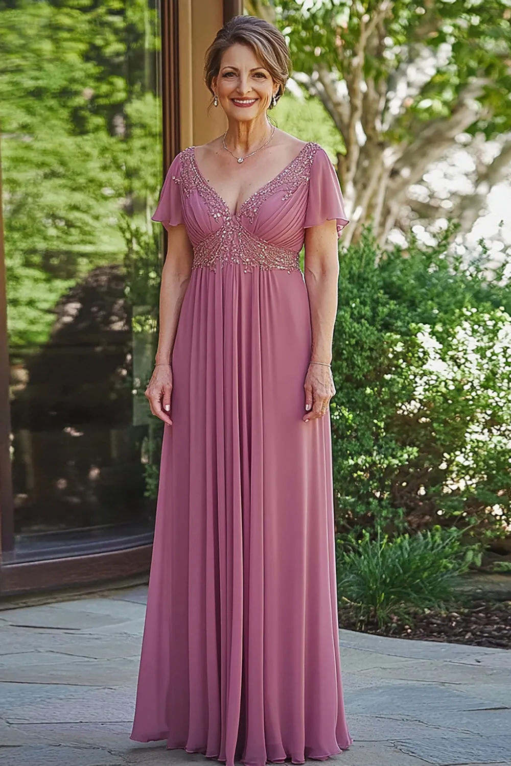 Sparkly Dusty Rose A-Line V Neck Sequined Chiffon Pleats Long Mother of the Bride Dress sold by Zapaka