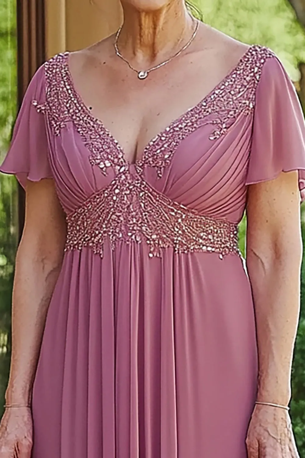 Sparkly Dusty Rose A-Line V Neck Sequined Chiffon Pleats Long Mother of the Bride Dress sold by Zapaka product image thumbnail 2