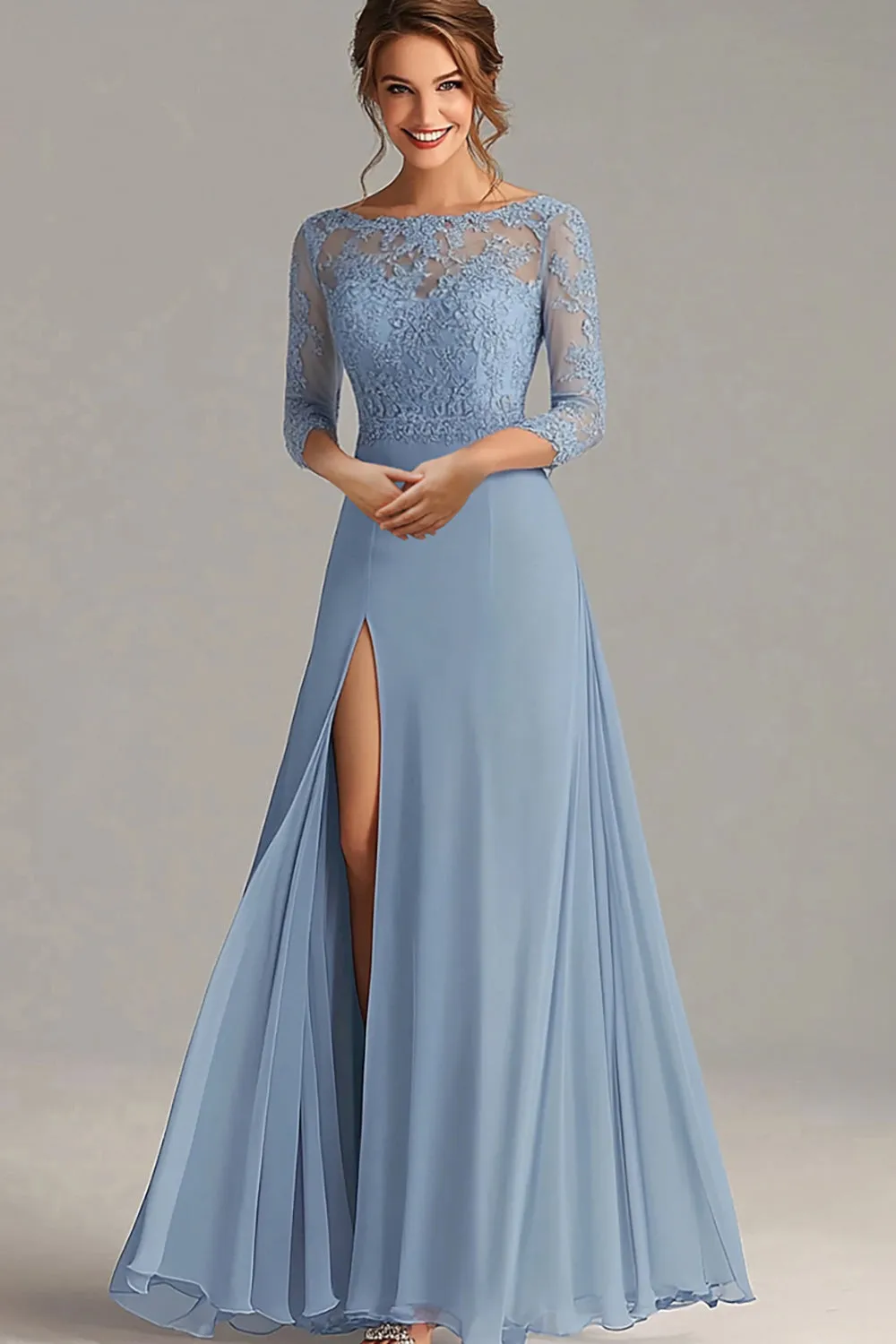 Elegant Dusty Blue A-Line Scoop Long Chiffon Mother Of the Bride Dress with Lace Appliques sold by Zapaka