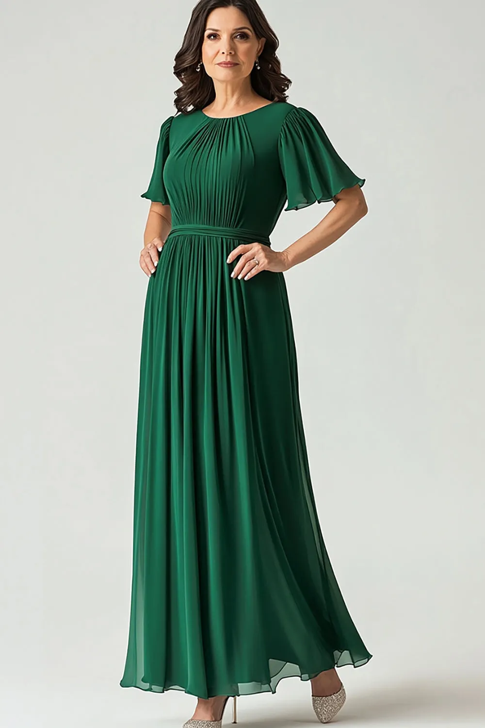 Elegant A Line Dark Green Ruched Mother Of Bride Dress With Flutter Sleeves sold by Zapaka