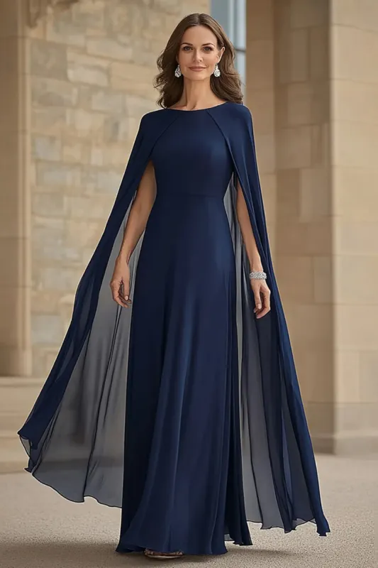 Navy Mermaid Chiffon Long Mother of the Bride Dress with Cape sold by Zapaka