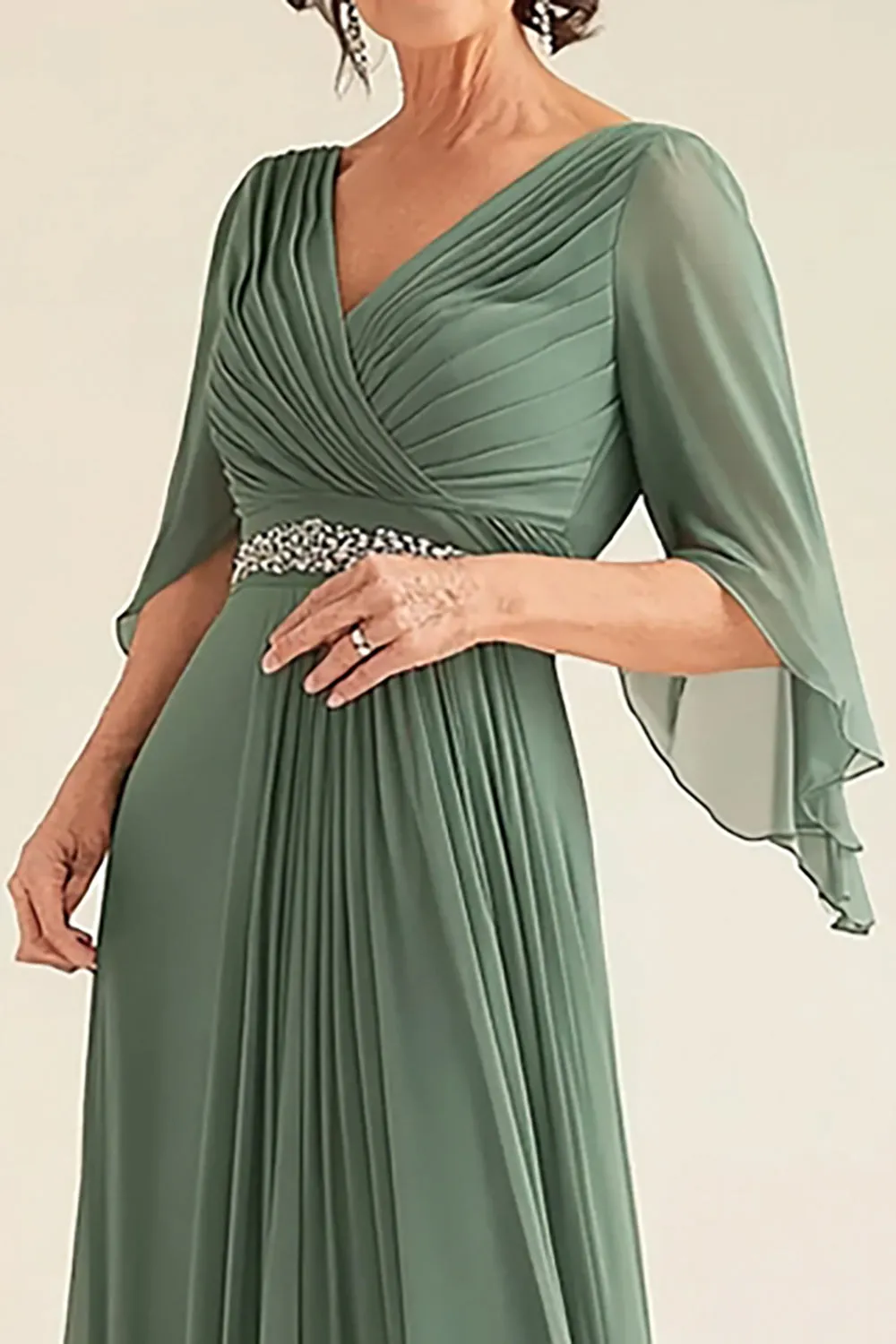 Elegant Eucalyptus A-Line V-neck Ruched Long Chiffon Mother Of the Bride Dress with Half Sleeves sold by Zapaka product image thumbnail 2