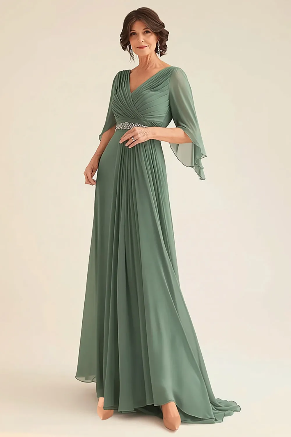 Elegant Eucalyptus A-Line V-neck Ruched Long Chiffon Mother Of the Bride Dress with Half Sleeves sold by Zapaka