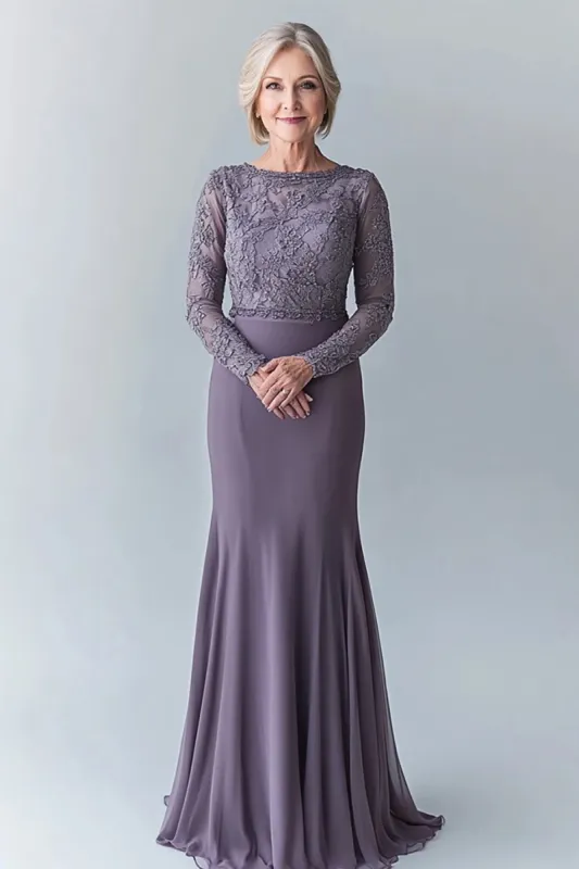 Elegant Steel Grey Bodycon Long Sleeves Mother Of The Bride Dress With Lace Appliques sold by Zapaka