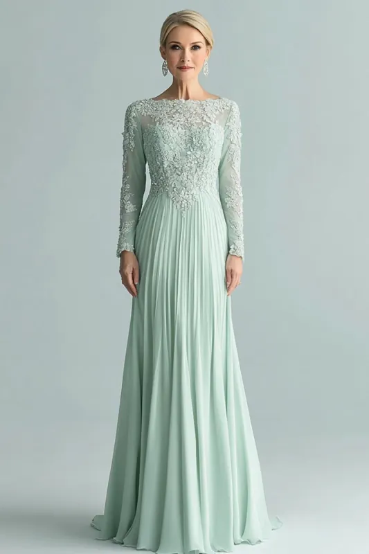 Elegant Mint A Line Long Sleeves Mother of The Bride Dress With Lace Appliques sold by Zapaka