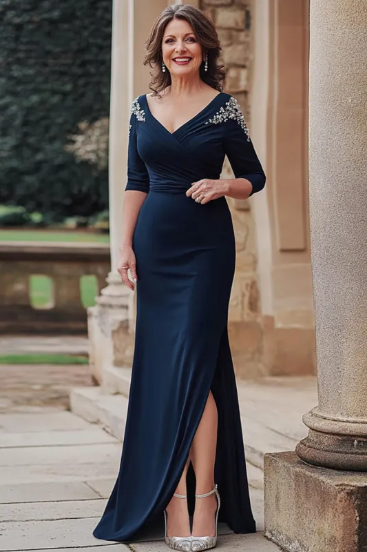 Navy Mermaid V-neck Satin Half Sleeves Long Mother of the Bride Dress with Slit sold by Zapaka
