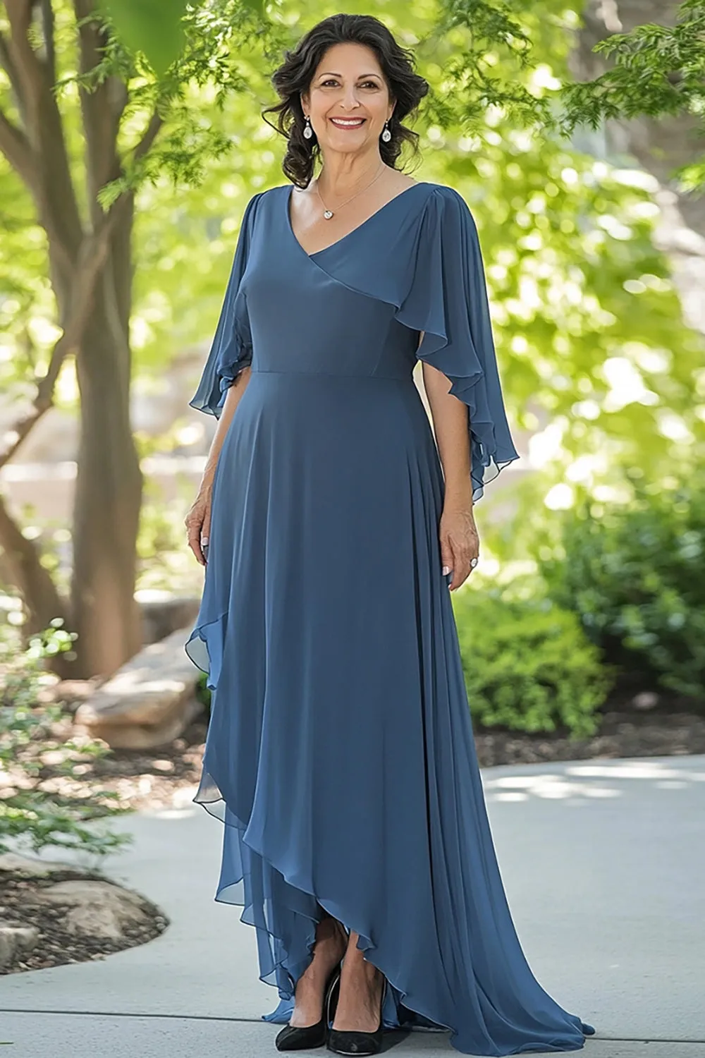 Dusty Blue Chiffon V-neck A-Line Long Mother of the Bride Dress sold by Zapaka