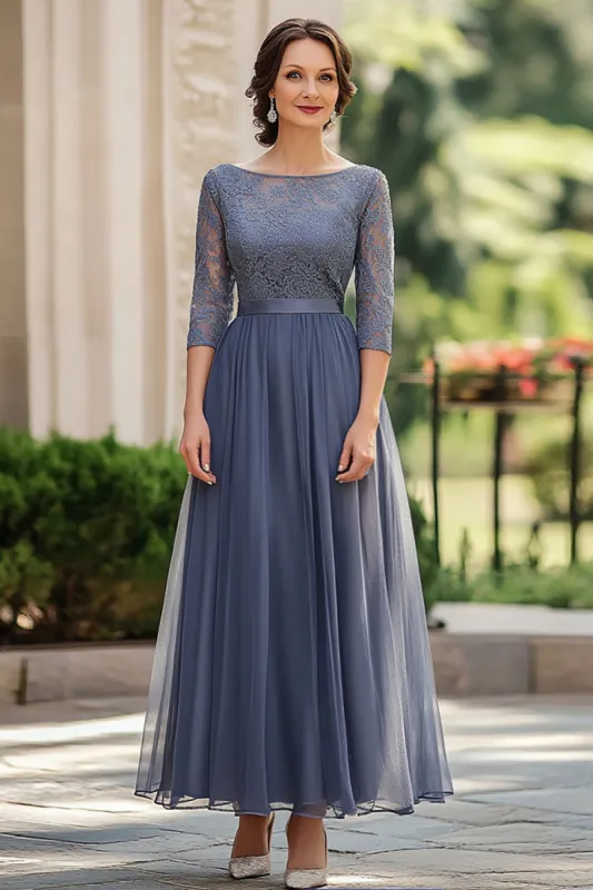 Dusty Blue Scoop Chiffon Lace Half Sleeve Mother of the Bride Dress sold by Zapaka