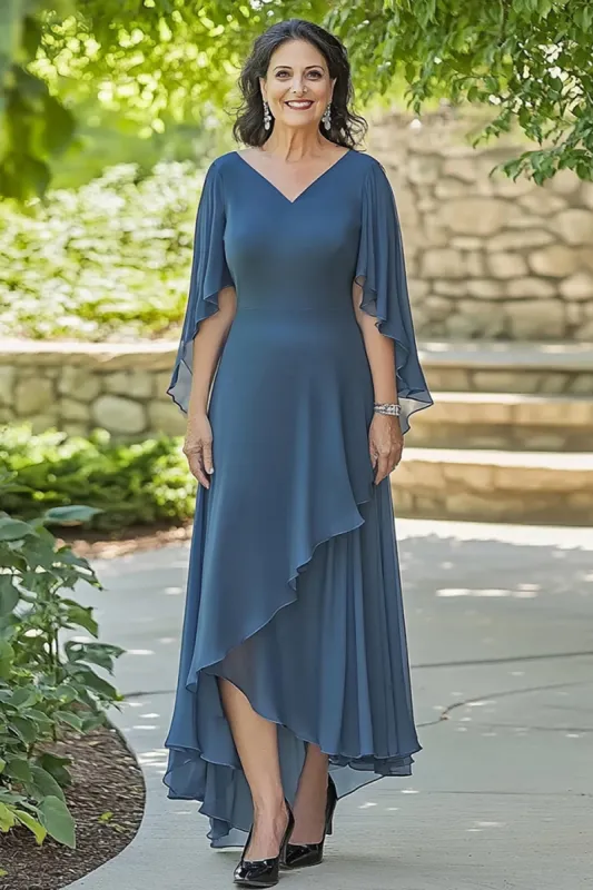 Dusty Blue Asymmetrical V Neck Ruffled Half Sleeve Mother of the Bride Dress sold by Zapaka