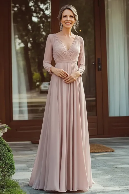 Chiffon V Neck Champagne Mother of the Bride Dress with 3/4 Sleeves sold by Zapaka
