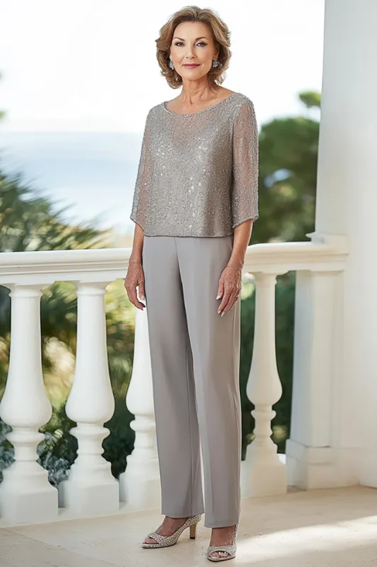Grey Chiffon Round Neck 2 Pieces Mother of the Bride Pant Suits with Beading sold by Zapaka