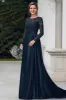 Navy Satin Lace Scoop Mother of the Bride Dress with Long Sleeves sold by Zapaka