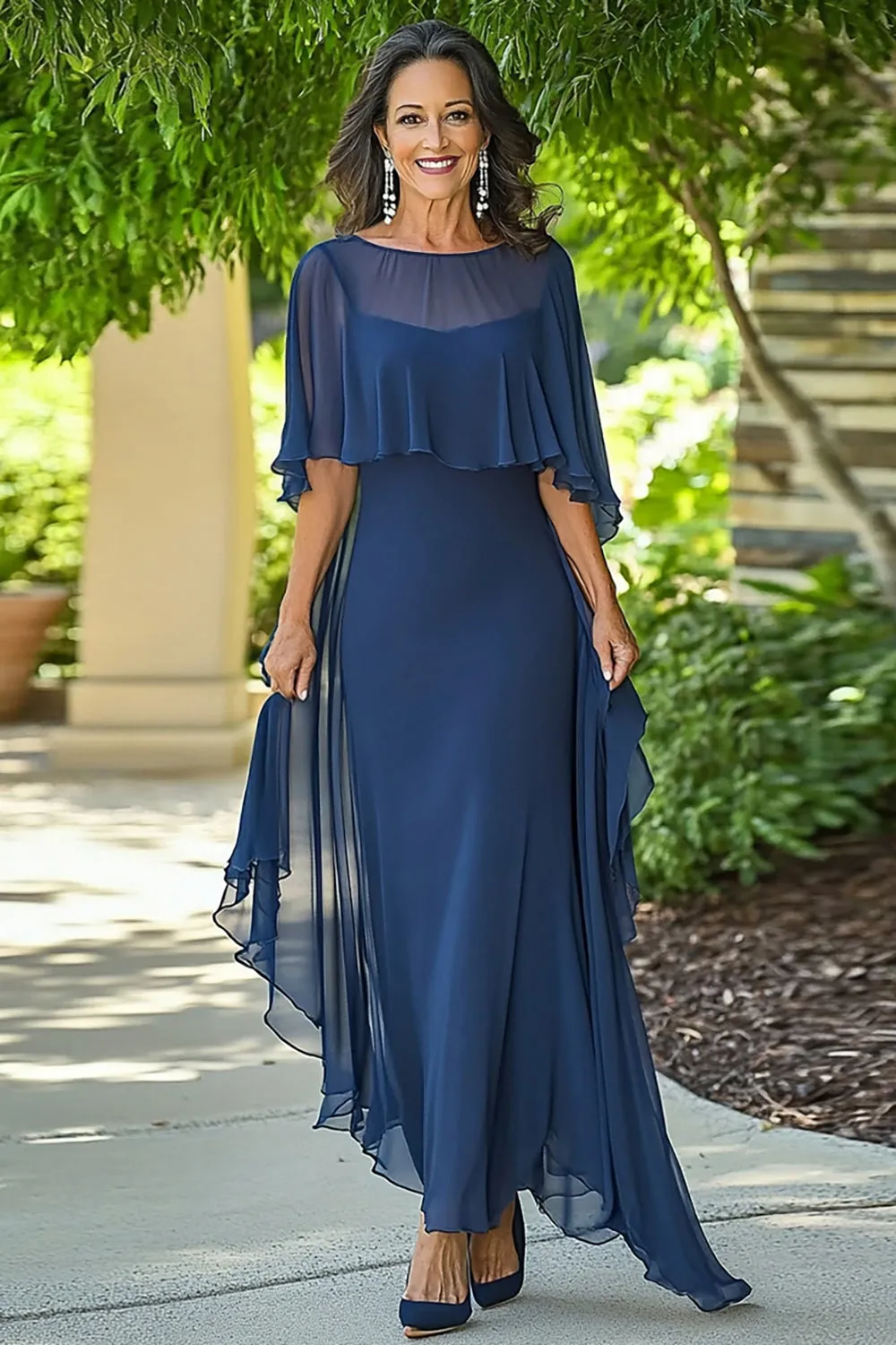 Navy Chiffon Sheath Long Mother of the Bride Dress with Cape sold by Zapaka