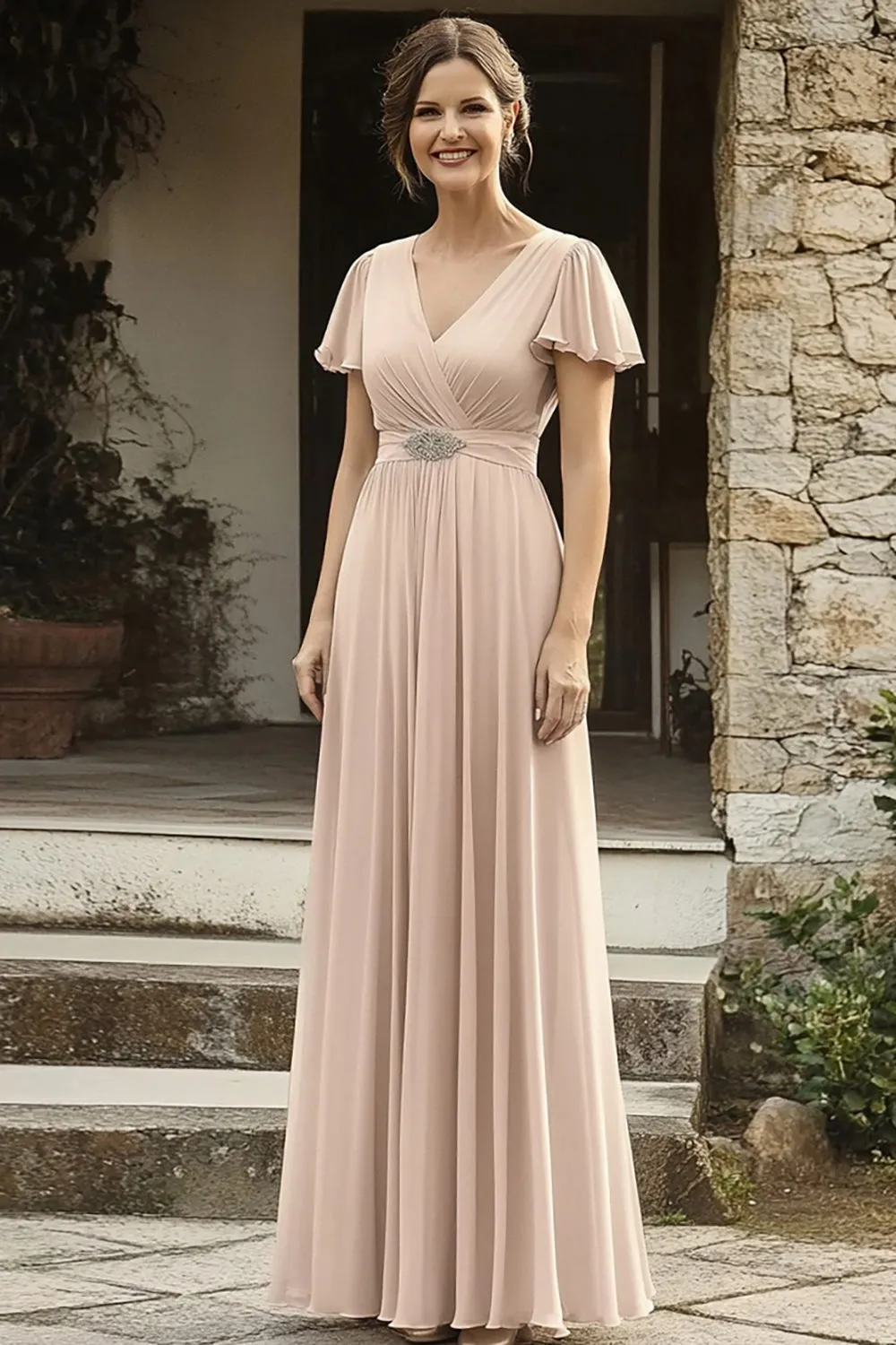 Elegant Chiffon V Neck Champagne Mother of the Bride Dress with Short Sleeves sold by Zapaka