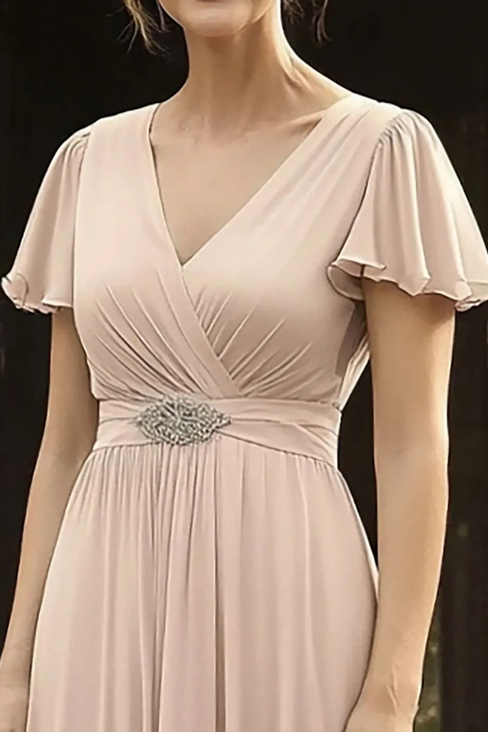 Elegant Chiffon V Neck Champagne Mother of the Bride Dress with Short Sleeves sold by Zapaka product image thumbnail 2