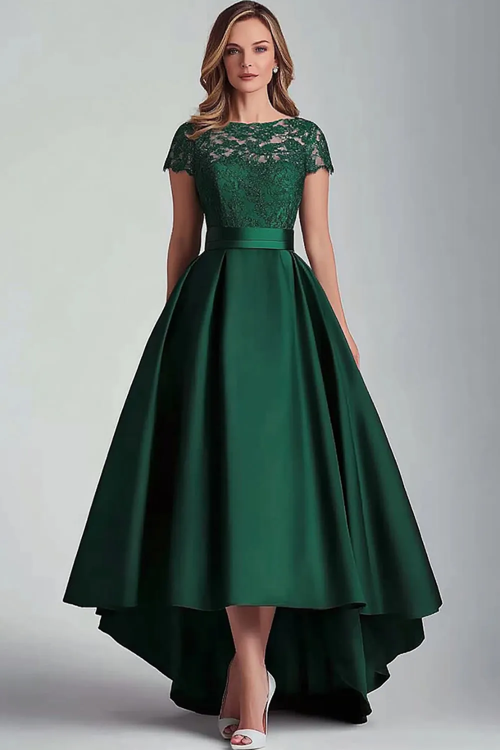 Green Satin Lace A Line High Low Mother of the Bride Dress with Short Sleeves sold by Zapaka