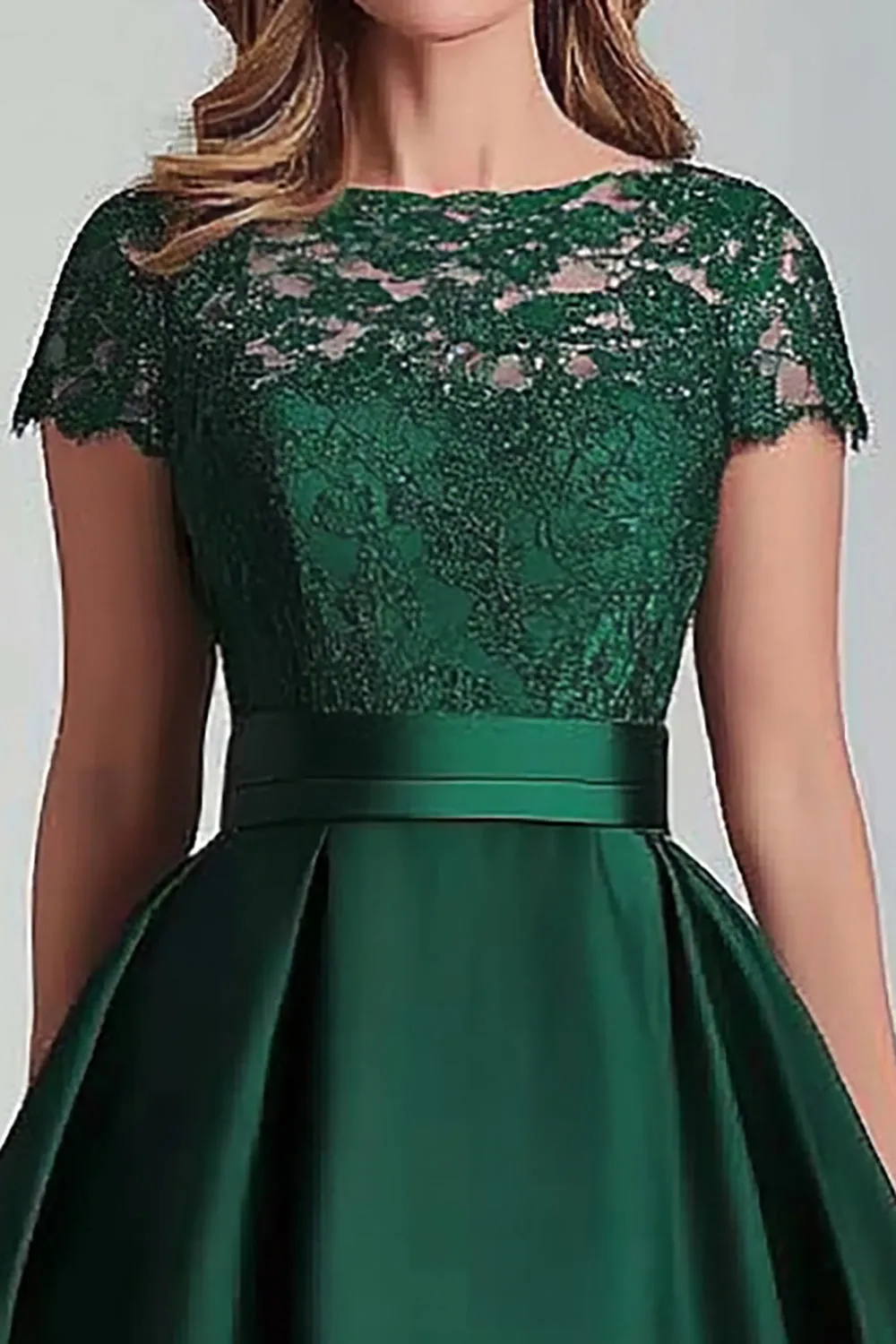 Green Satin Lace A Line High Low Mother of the Bride Dress with Short Sleeves sold by Zapaka product image thumbnail 2