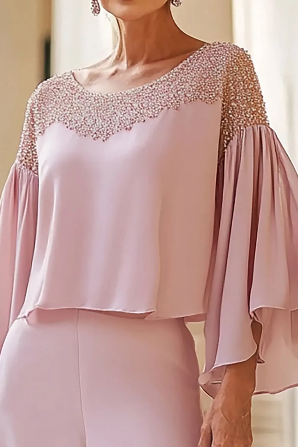 Pink Round Neck Chiffon Mother of the Bride Pant Suits with Beading sold by Zapaka product image thumbnail 2