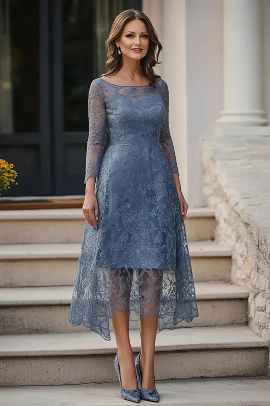 Dusty Blue Lace A-Line Long Sleeves Midi Mother of the Bride Dress sold by Zapaka