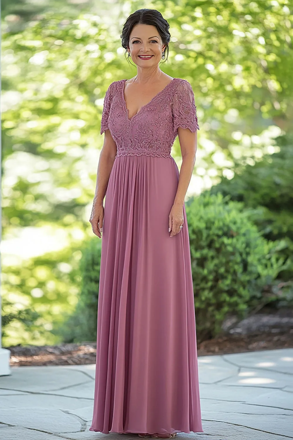 Dusty Rose Chiffon A Line V Neck Lace Mother of the Bride Dress with Short Sleeves sold by Zapaka