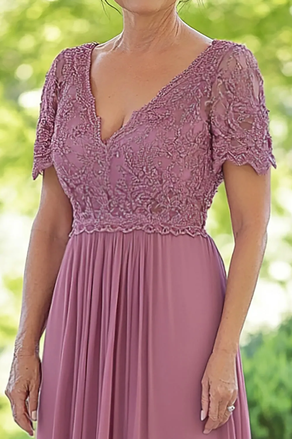 Dusty Rose Chiffon A Line V Neck Lace Mother of the Bride Dress with Short Sleeves sold by Zapaka product image thumbnail 2
