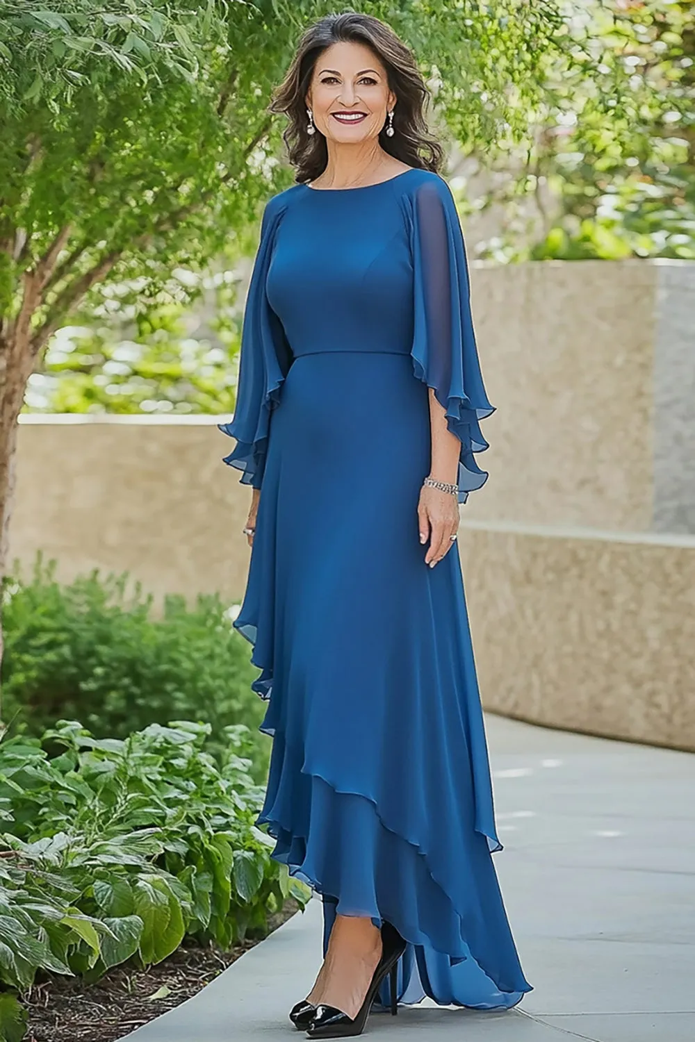 Blue A Line Chiffon Scoop High Low Mother of the Bride Dress with Flutter Sleeves sold by Zapaka