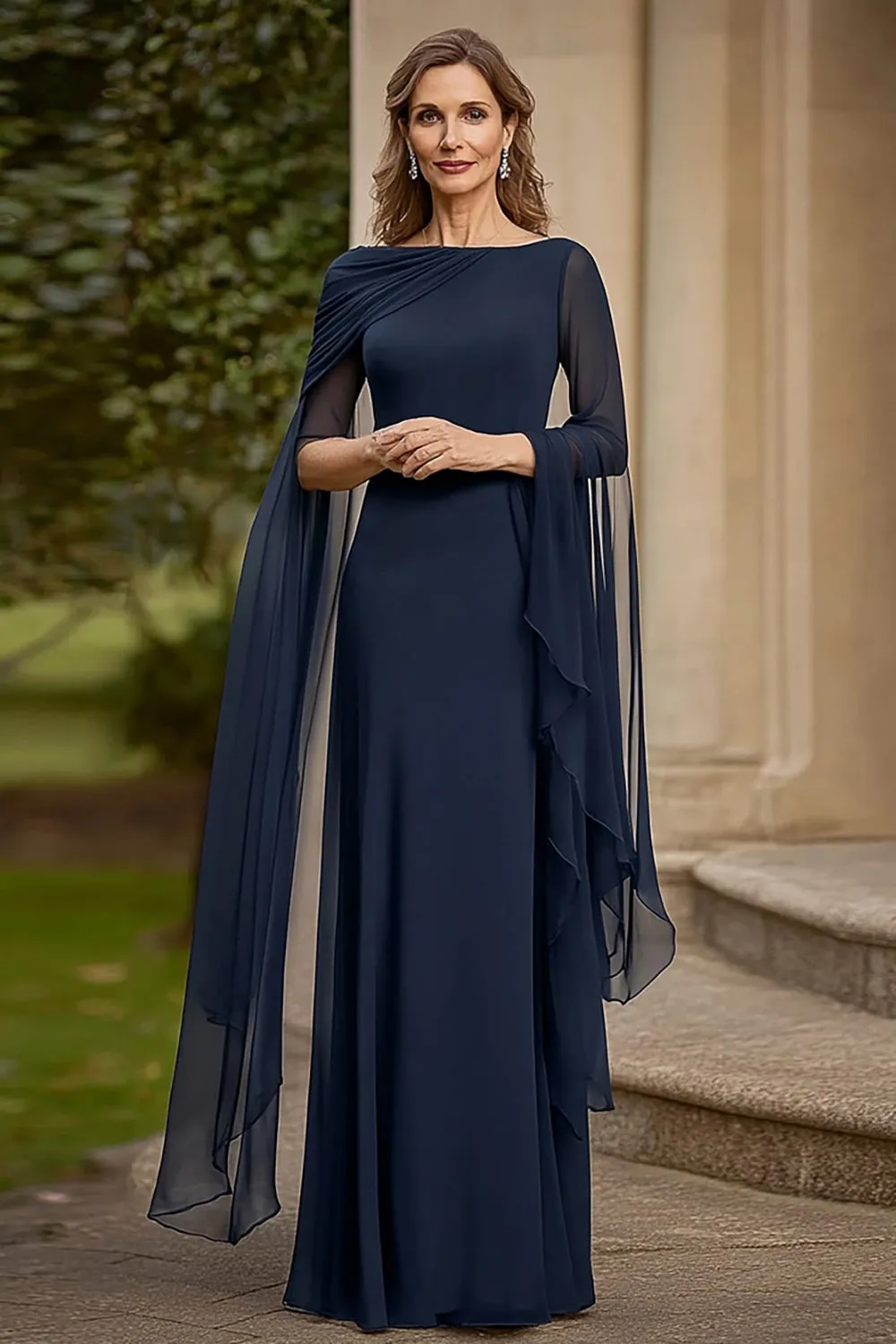 Navy Chiffon A Line Mother of Bride Dress with Flutter Sleeves sold by Zapaka