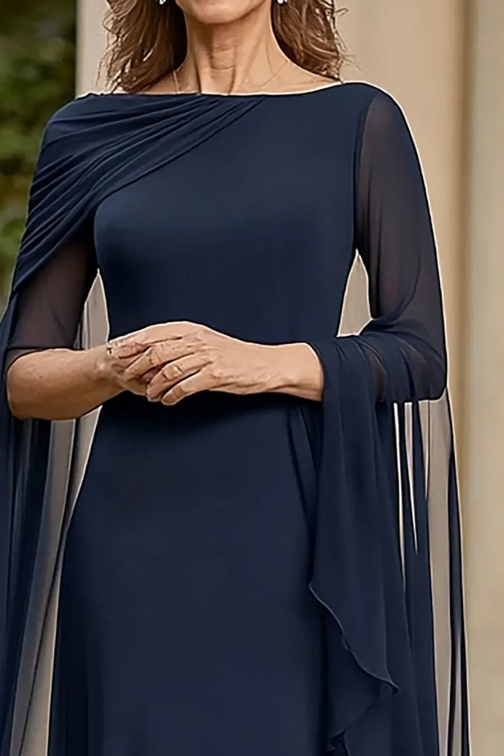 Navy Chiffon A Line Mother of Bride Dress with Flutter Sleeves sold by Zapaka product image thumbnail 2