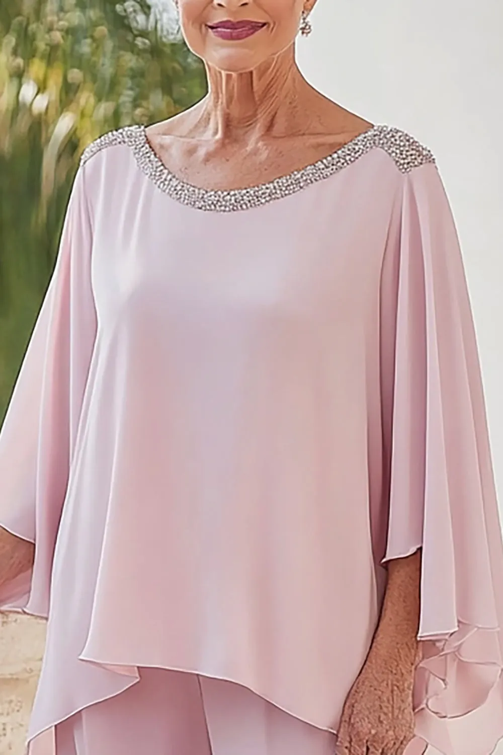 Sparkly Pink Flowy Long Sleeves Beaded Chiffon Mother of the Bride Jumpsuit sold by Zapaka product image thumbnail 2