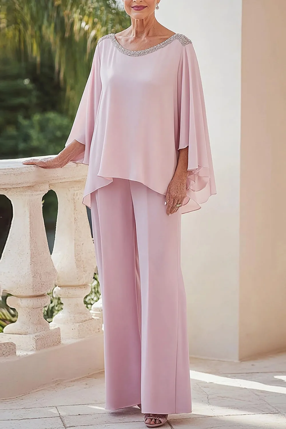 Sparkly Pink Flowy Long Sleeves Beaded Chiffon Mother of the Bride Jumpsuit sold by Zapaka