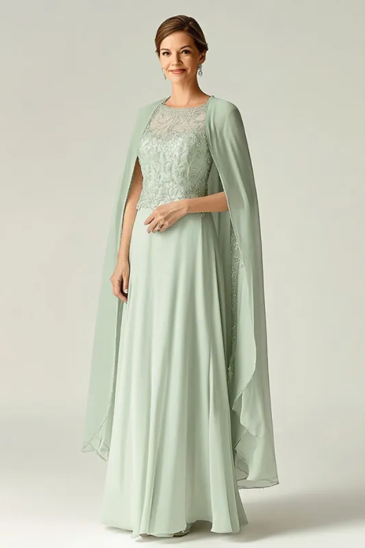 Elegant Mint A-Line Scoop Chiffon Beaded Long Mother of the Bride Dress with Cap sold by Zapaka