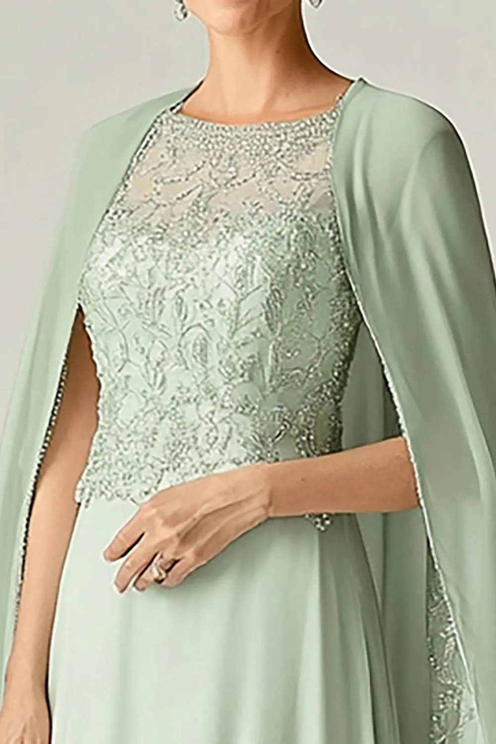 Elegant Mint A-Line Scoop Chiffon Beaded Long Mother of the Bride Dress with Cap sold by Zapaka product image thumbnail 2