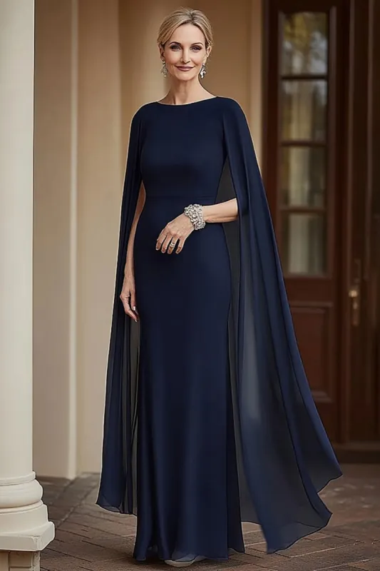 Flowy Navy Mermaid Chiffon Long Mother of the Bride Dress with Cape sold by Zapaka