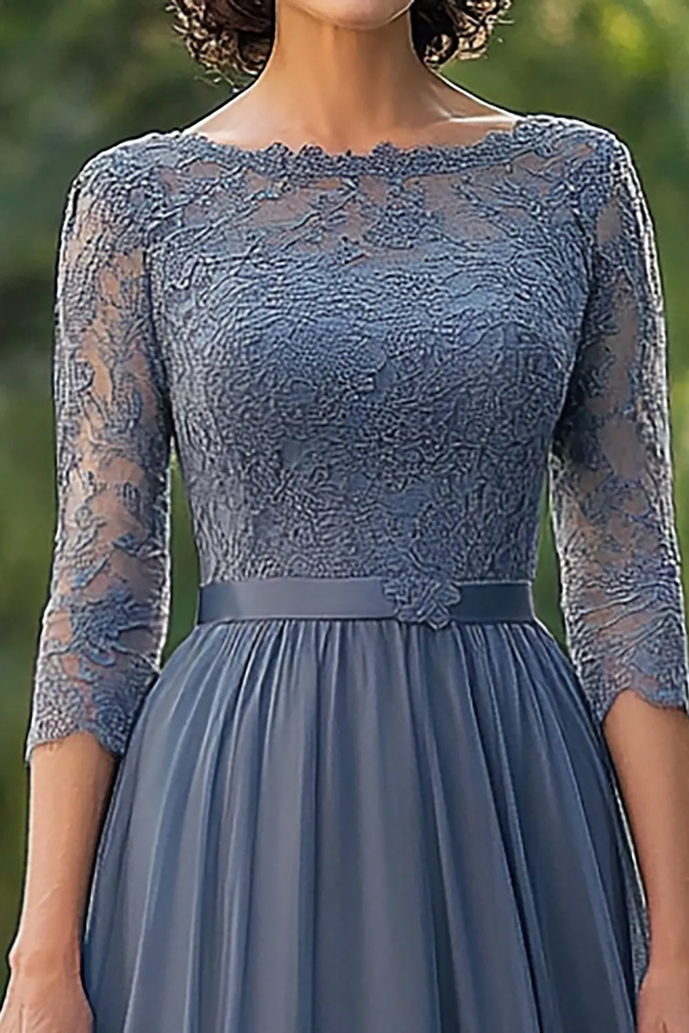 Dusty Blue A-Line 3/4 Sleeves Lace Top Chiffon Long Mother of the Bride Dress sold by Zapaka product image thumbnail 2