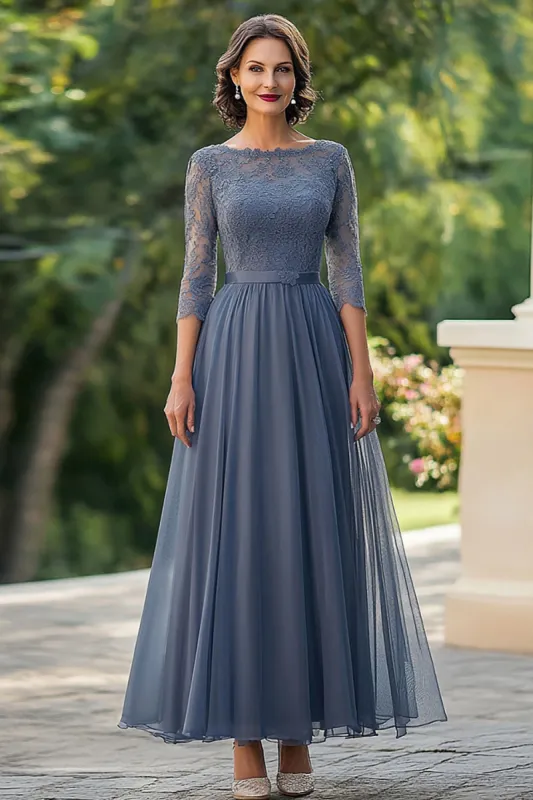 Dusty Blue A-Line 3/4 Sleeves Lace Top Chiffon Long Mother of the Bride Dress sold by Zapaka
